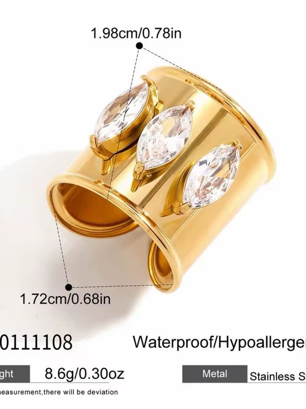 Flexible Gold Wide Ring with Clear Marquise Stones - Picture 4 of 7